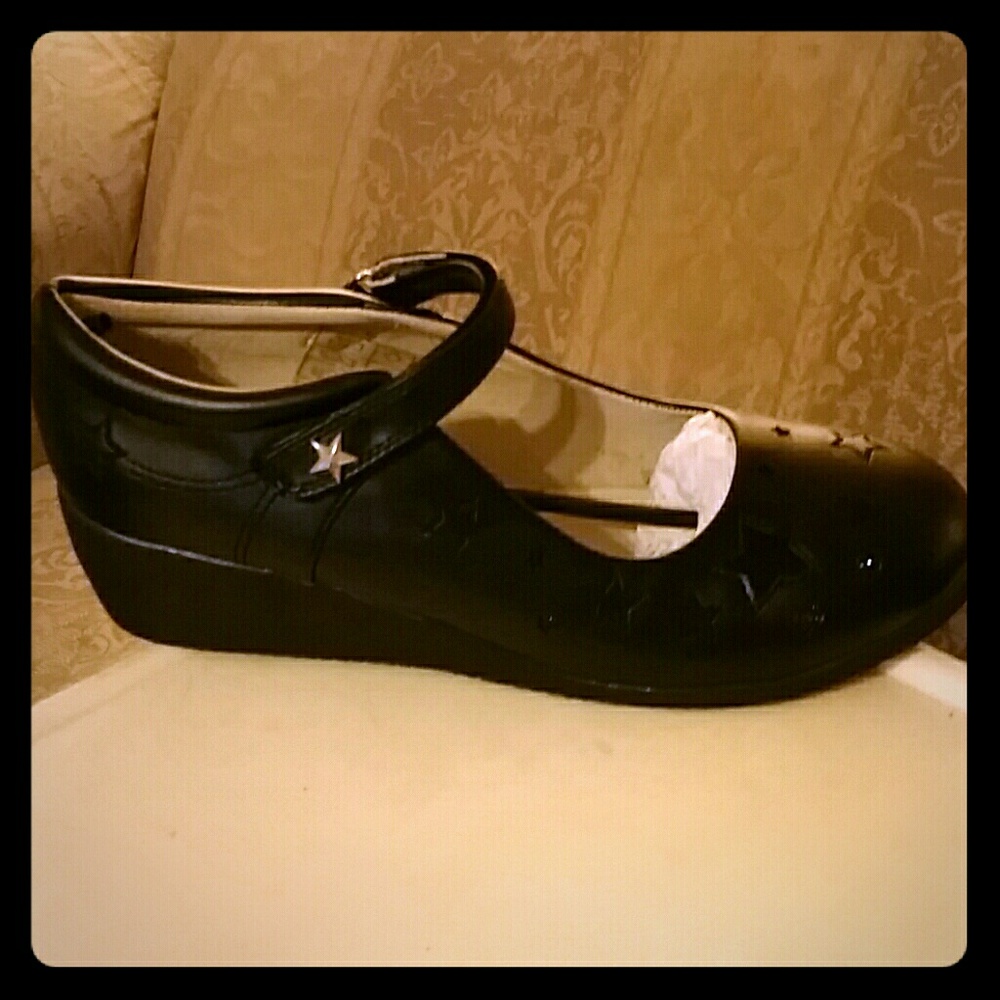 Black Star Patent Mary Jane Velcro Wedge Shoes